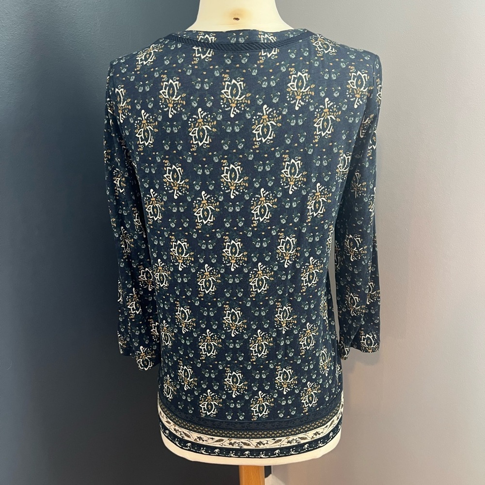Lucky Brand Navy Blue Floral Boho Peasant Top 3/4 Sleeve Blouse - Picture 8 of 11